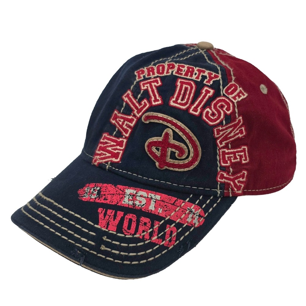 Disney Parks Mens Walt‎ Disney World Distressed Baseball Cap Navy Red Adjustable
